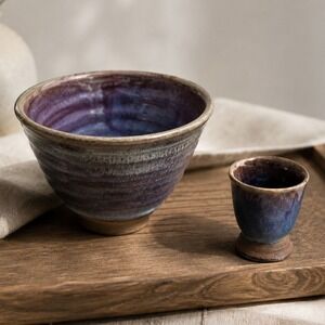 Handmade Studio Pottery Bowl Cup Set Purple Blue Drip Glaze Ceramic Wabi Sabi